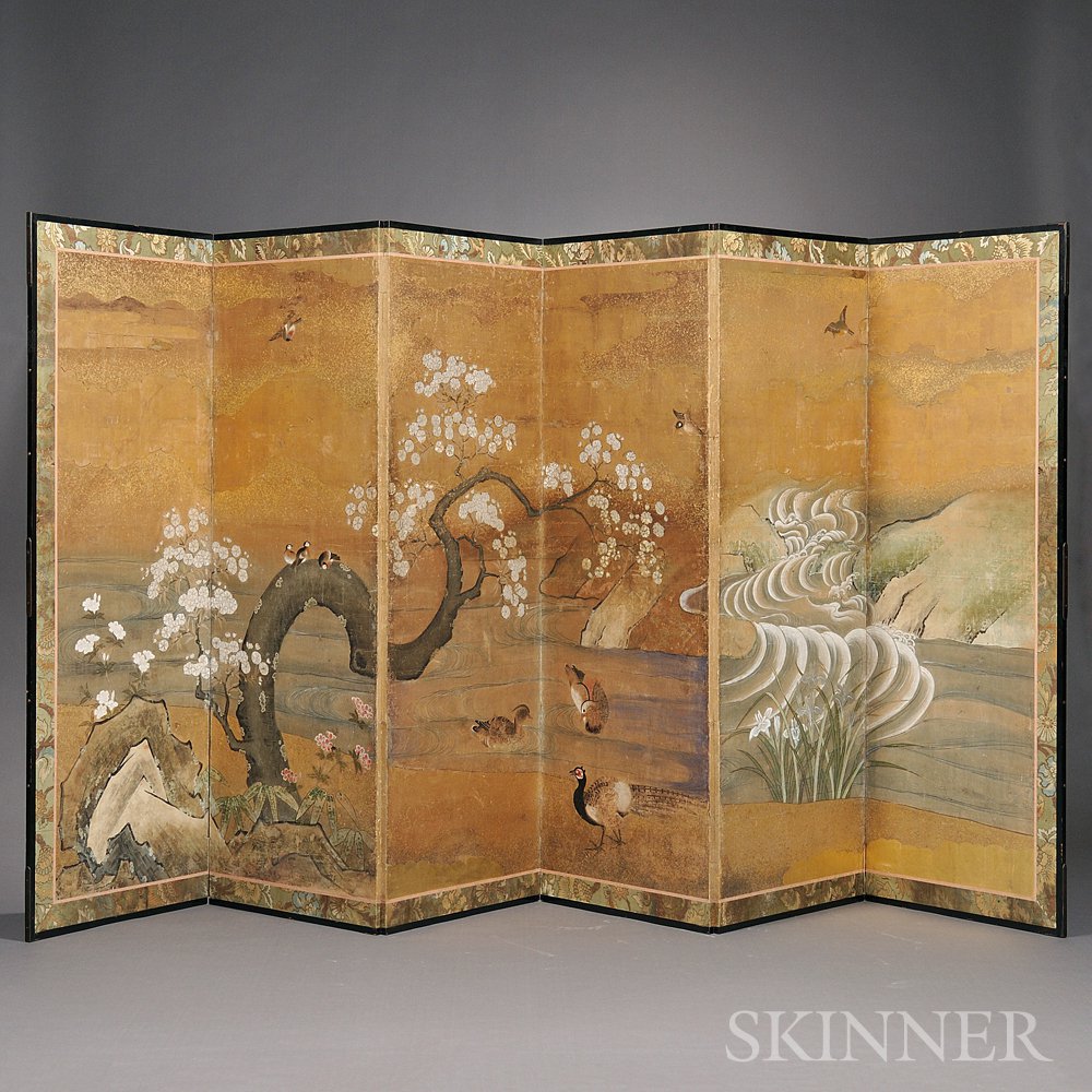 Appraisal: Six-panel Screen Painting Japan late th century depicting a large