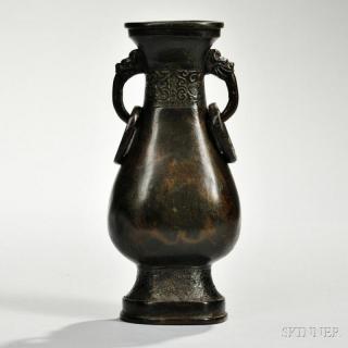 Appraisal: Bronze Vase China Ming dynasty - bottle-shape with twin arched