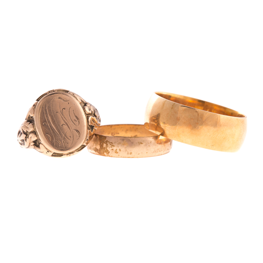 Appraisal: Two Wedding Bands and a Signet Ring in Gold K