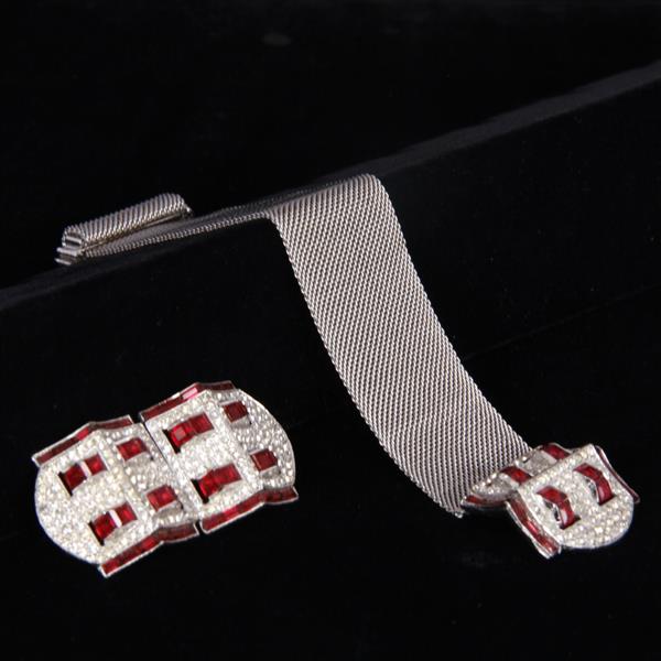 Appraisal: Trifari pc Ruby Red Diamante and Mesh Bracelet Clip Mate