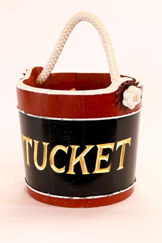 Appraisal: Carved Wood Nantucket Kindling Bucket with Rope Handle Exclusive on