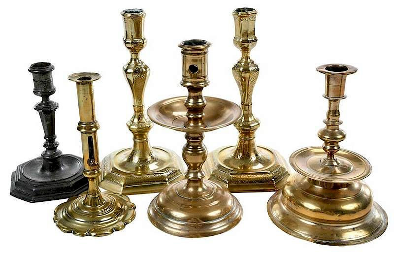 Appraisal: Six Early Brass and Pewter Candlesticks Continental British th th