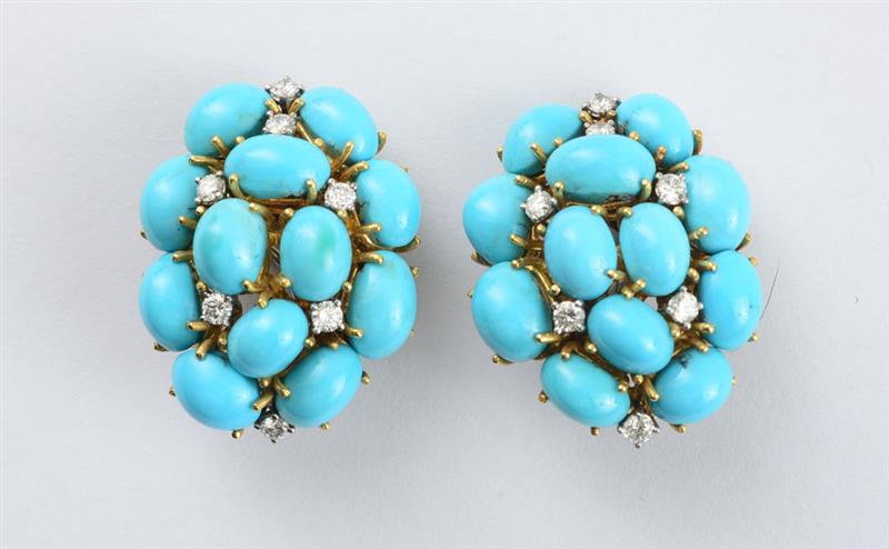 Appraisal: PAIR OF K YELLOW AND WHITE GOLD TURQUOISE AND DIAMOND