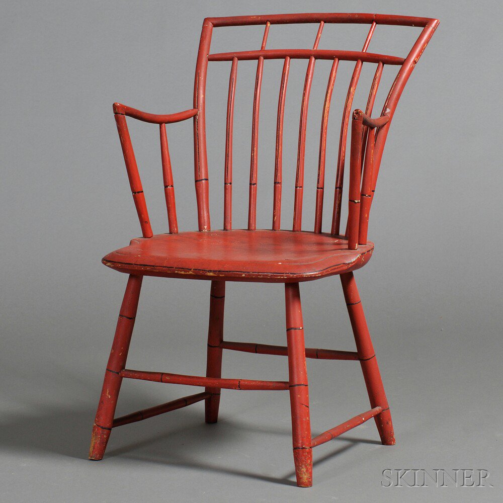 Appraisal: Red-painted Bamboo-turned Birdcage Windsor Armchair New England early th century