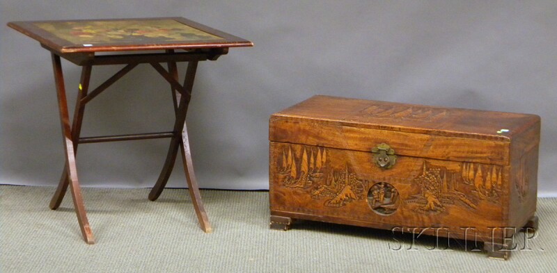 Appraisal: Chinese Carved Camphorwood Storage Box and a Folding Card Table