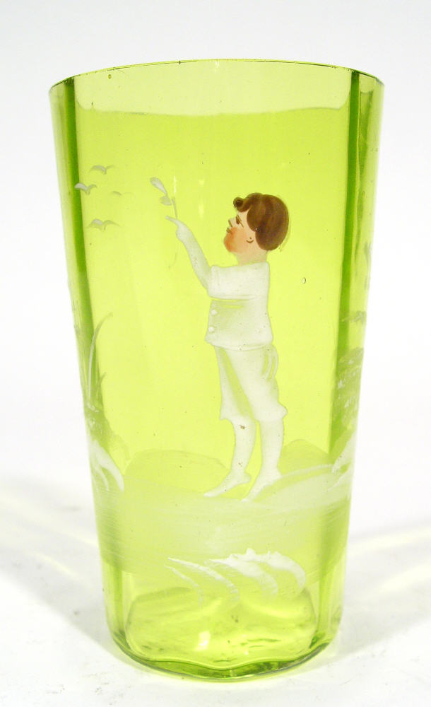 Appraisal: Victorian lime green glass beaker with enamelled Mary Gregory style