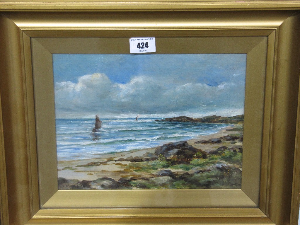 Appraisal: S RUTHERFORD Oil on board coastal scene with boats signed