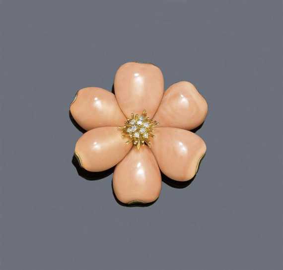 Appraisal: CORAL AND DIAMOND BROOCH Yellow gold Fancy brooch designed as