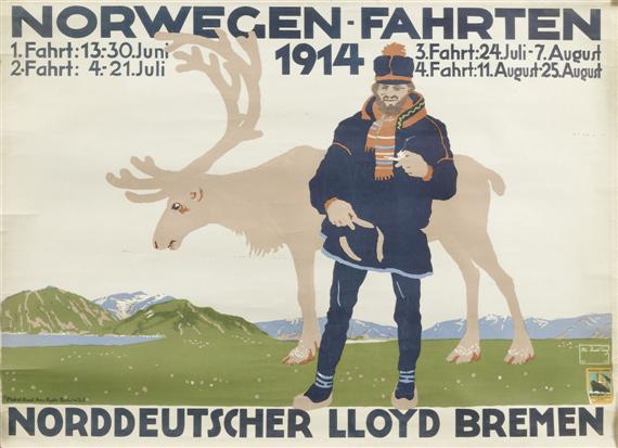 Appraisal: POSTER -Norwegen-Fahrten Norddeutscher Lloyd Bremen Color lithograph x cm Signature