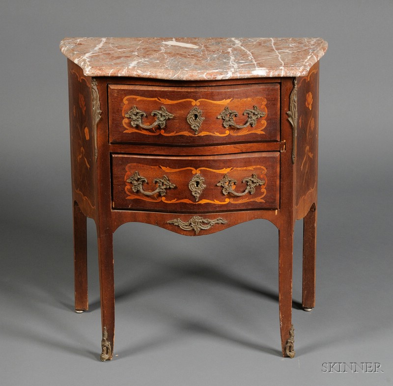 Appraisal: Louis XV XVI Style Marquetry-inlaid Tulipwood and Marble-top Side Table