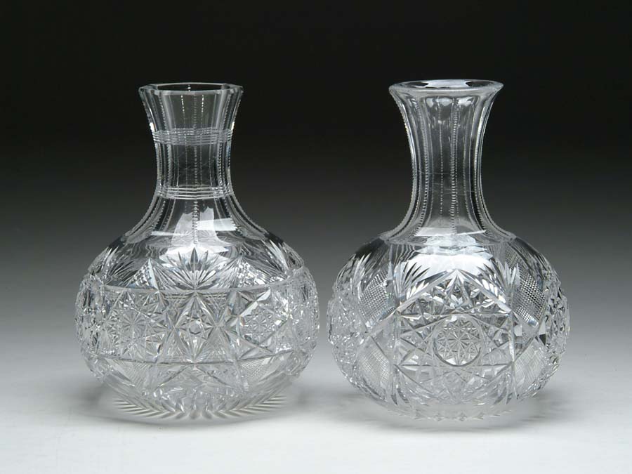 Appraisal: TWO CUT GLASS WATER CARAFES Cut in hobstar crosshatch and