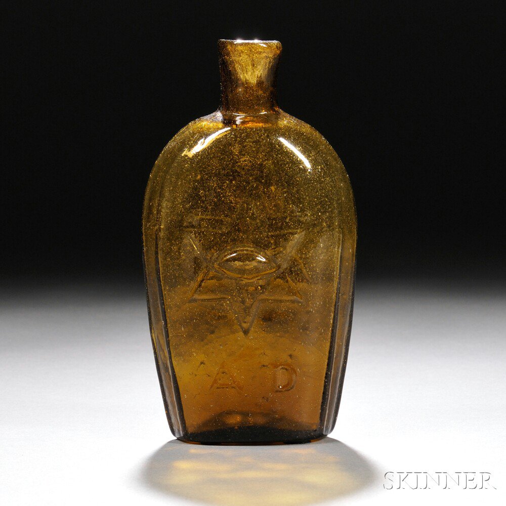 Appraisal: Golden Amber Blown-molded Masonic Flask possibly Granite Glass Company Stoddard