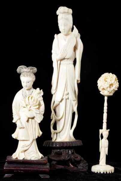 Appraisal: Group of Three Ivory Female Figuresthe first cradles a musical