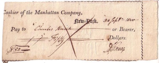 Appraisal: BURR AARON Partly-printed Check Accomplished and Signed A Burr to