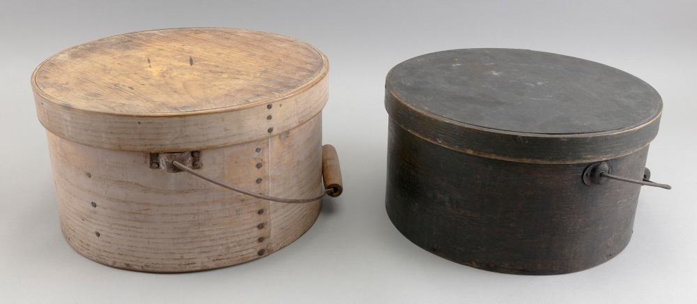 Appraisal: TWO ROUND SWING-HANDLE WOODEN BOXES NEW ENGLAND LATE TH CENTURYTWO