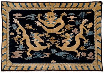 Appraisal: Chinese pictorial rug three imperial dragons in sky with clouds