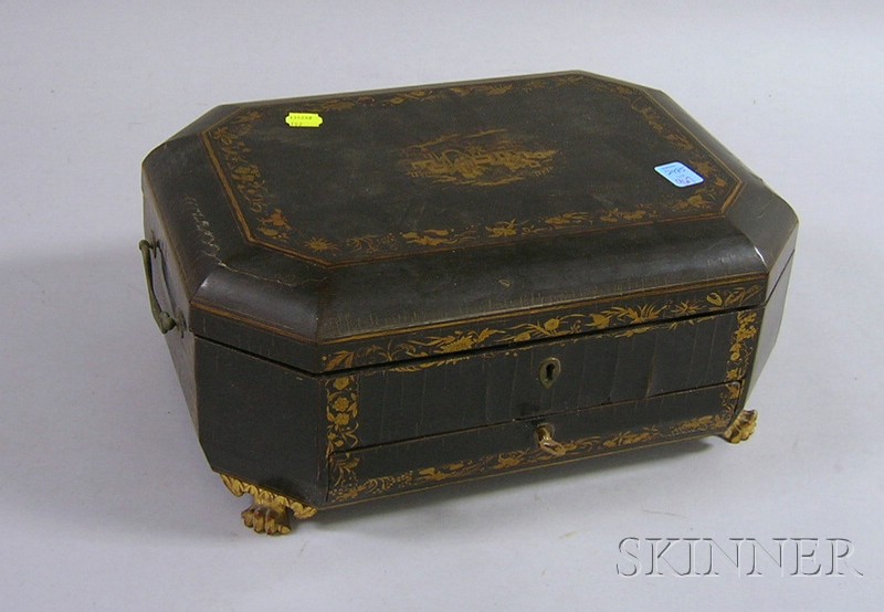 Appraisal: Chinese Export Gilt Decorated Black Lacquered Footed Sewing Box with