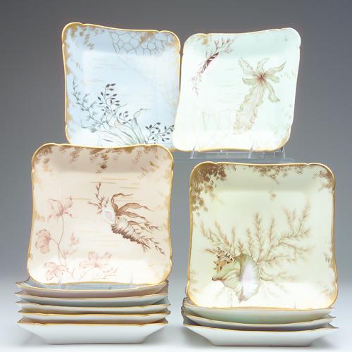 Appraisal: HAVILAND LIMOGES Twelve square seafood plates hand-painted in different marine