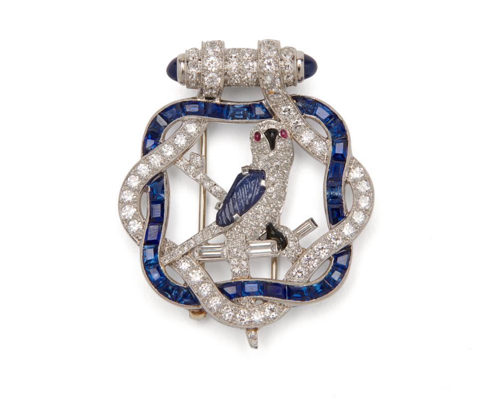 Appraisal: Platinum Sapphire Diamond Onyx and Ruby Parrot Brooch ca centering