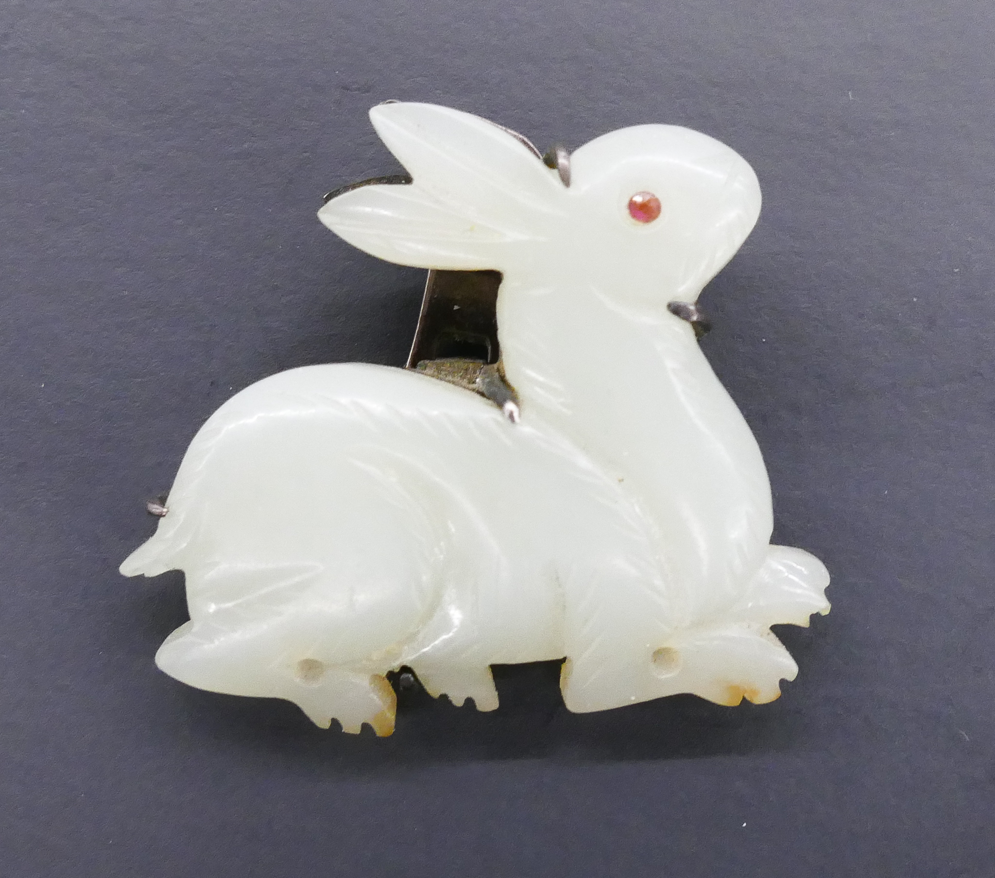 Appraisal: Chinese Mogul Style Jade Rabbit Brooch '' A carved pale