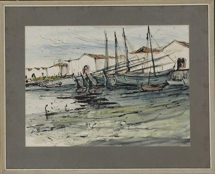 Appraisal: th Century School Harbor Scene Watercolor on paper signed Schroeder