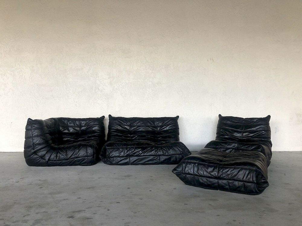 Appraisal: Ligne Roset Togo Sofa Set - Pieces Black Leather Ligne