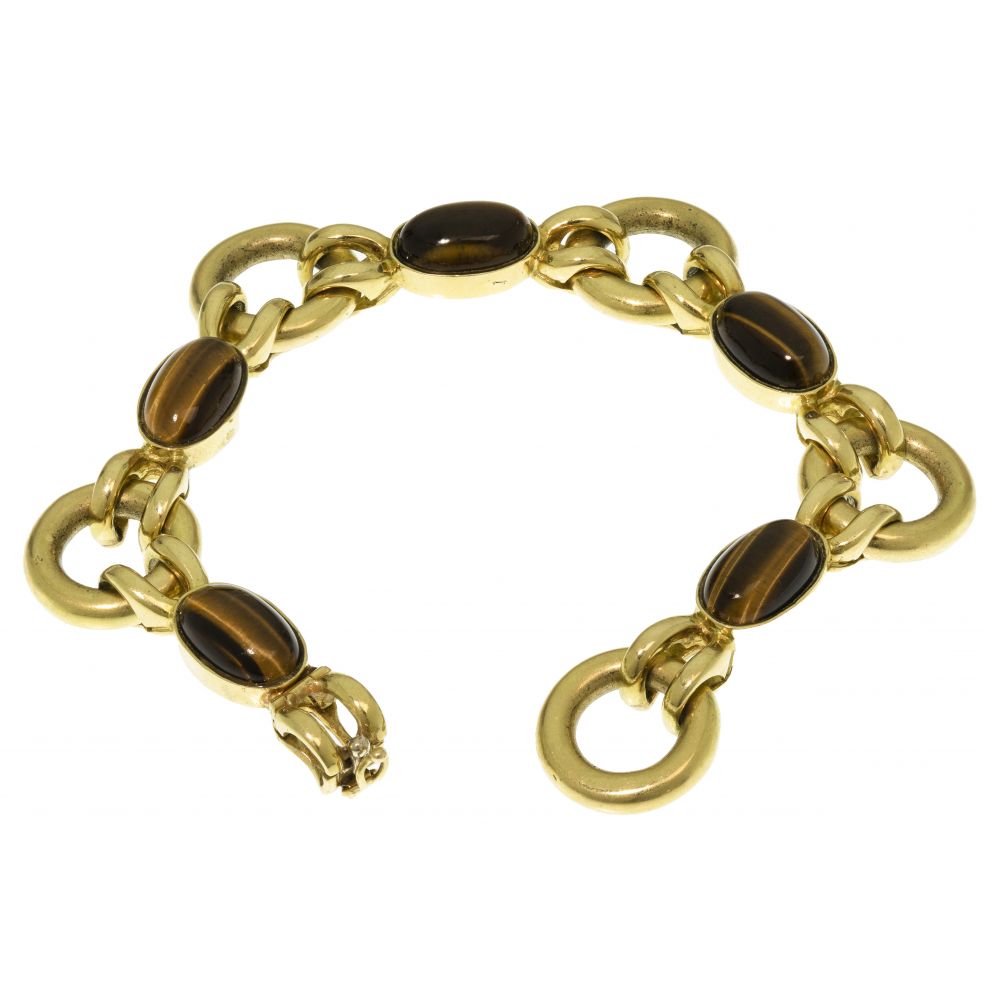 Appraisal: K YELLOW GOLD AND TIGER EYE BRACELETHaving round links connected