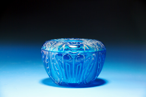 Appraisal: R LALIQUE Box Quatre Scarabees electric blue ca Molded R