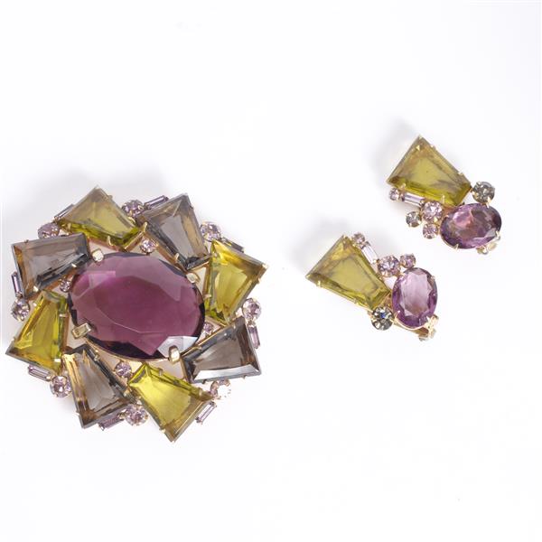 Appraisal: Alice Caviness pc Brooch Clip on Earrings set with faceted