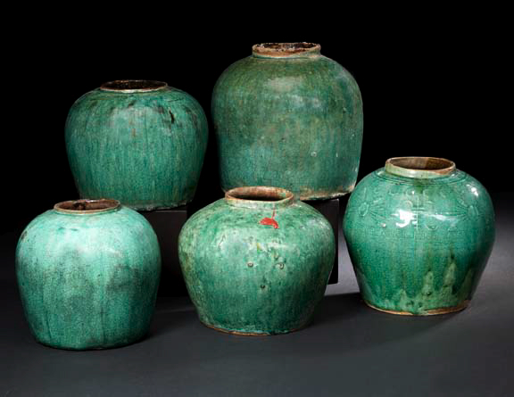 Appraisal: Group of Five Southern Chinese Glazed Storage Jars th th