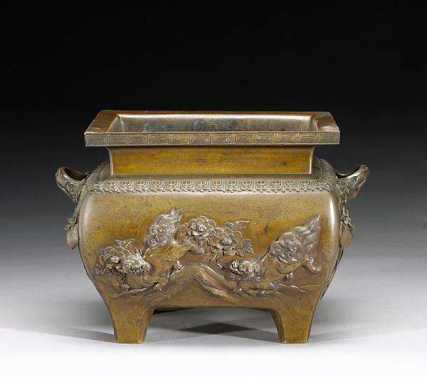 Appraisal: A patinated bronze hibachi Late Meiji Period Of square form