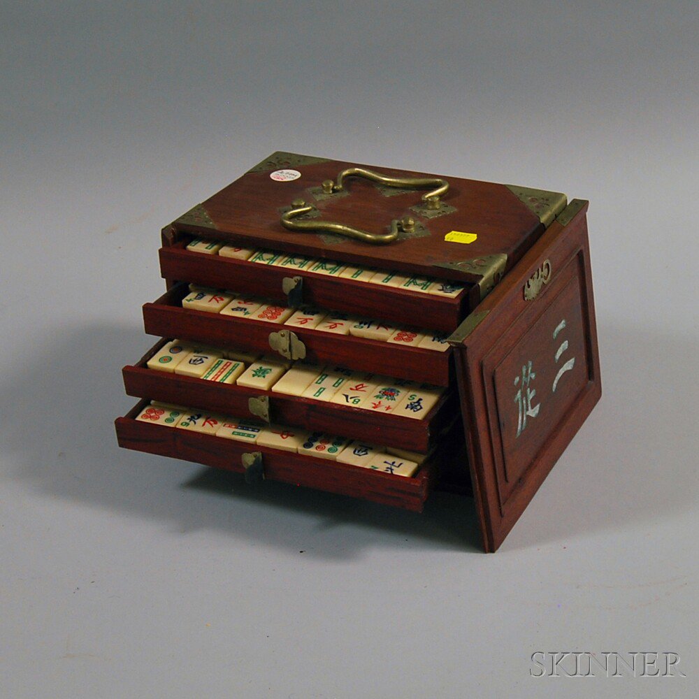 Appraisal: Bone Mahjong Set in Brass-mounted Camphorwood Case front lid opening