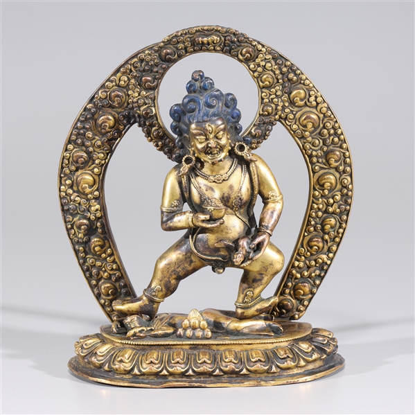 Appraisal: Sino-Tibetan gilt bronze standing figure with mandorla polychrome hair as-is