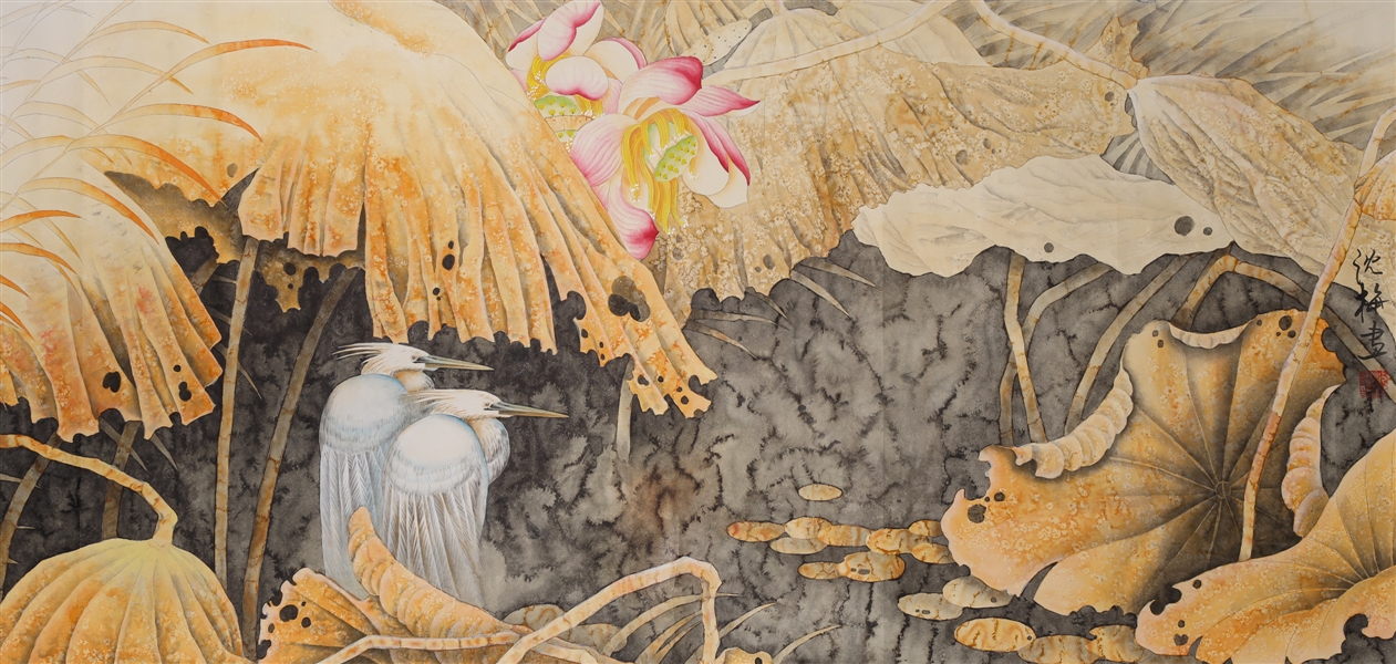 Appraisal: Chinese ink and color on paper painting of egrets and