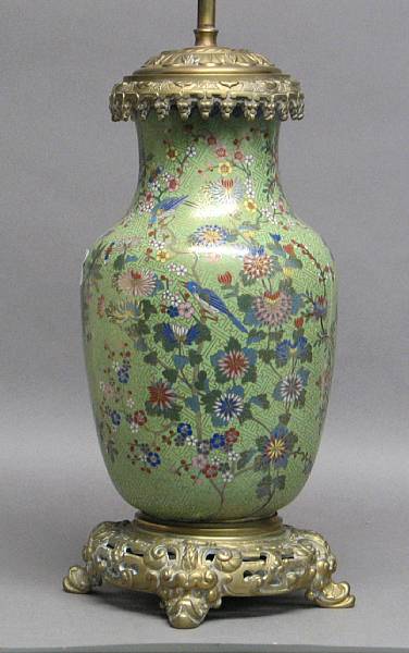 Appraisal: A Cloisonn enamel vase With floral design against apple-green ground