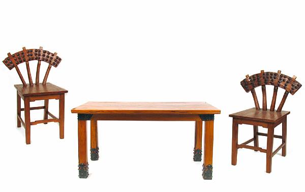 Appraisal: A rustic wood and metal seven piece dining set table