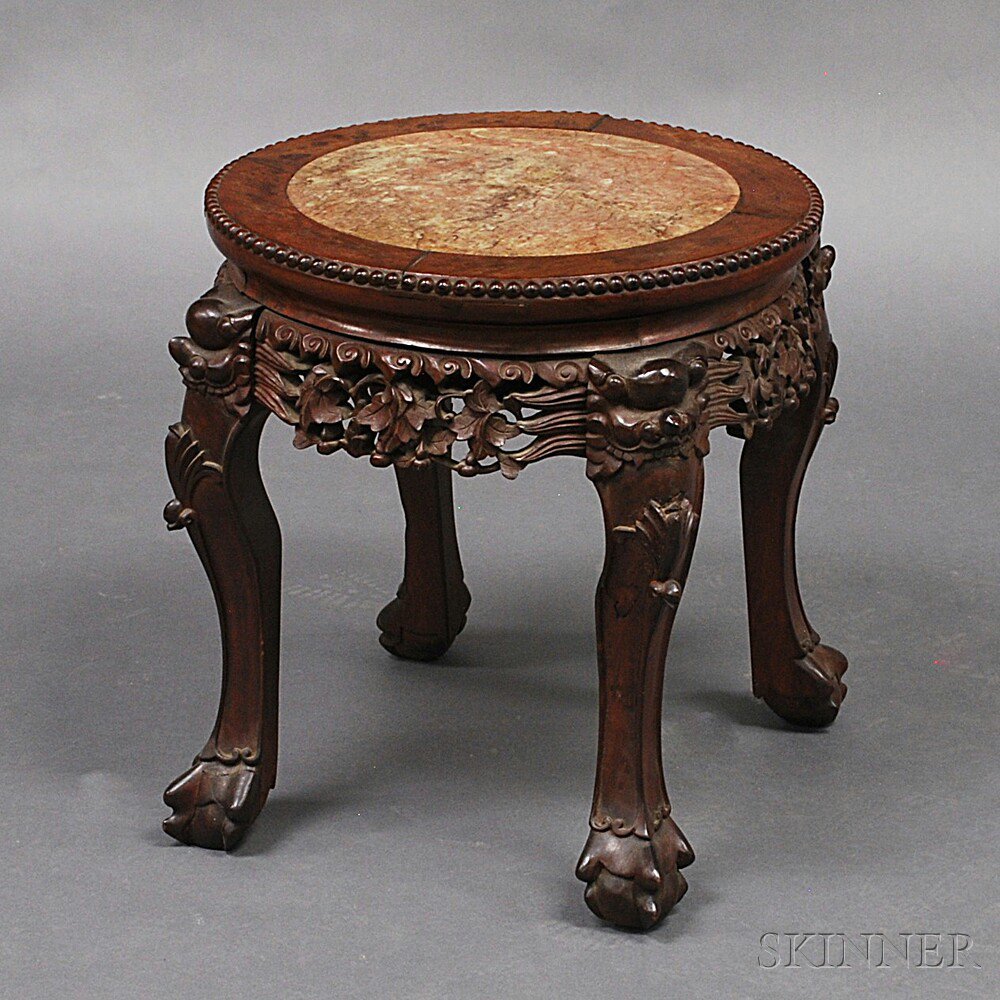 Appraisal: Chinese Carved Teak Marble-top Stand the inset marble roundel in