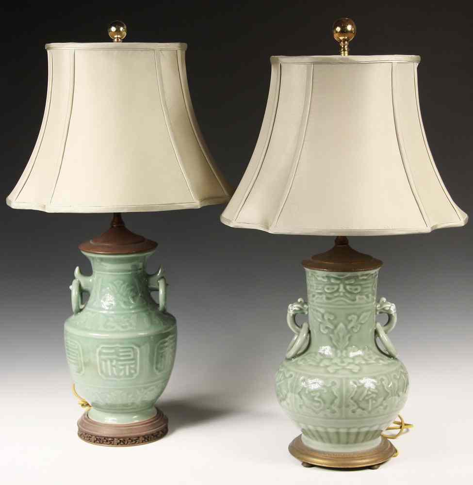 Appraisal: TWO SIMILAR CHINESE CELADON VASE LAMPS - Two Similar th