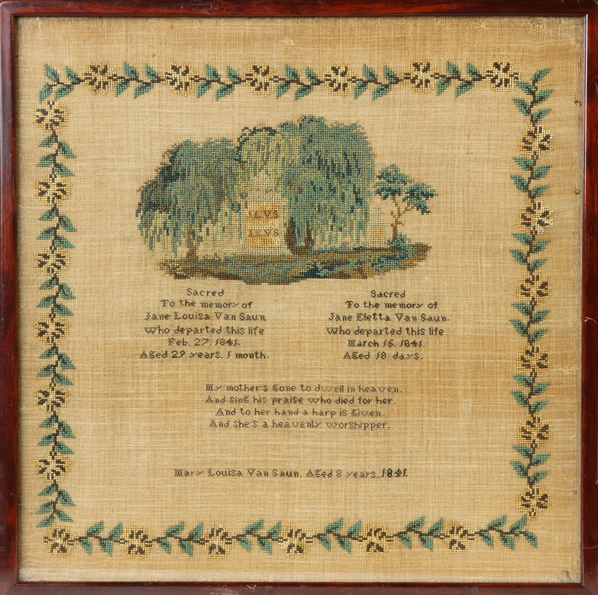 Appraisal: Needlework Memorial with Monument and Weeping Willows Mary Louisa Van