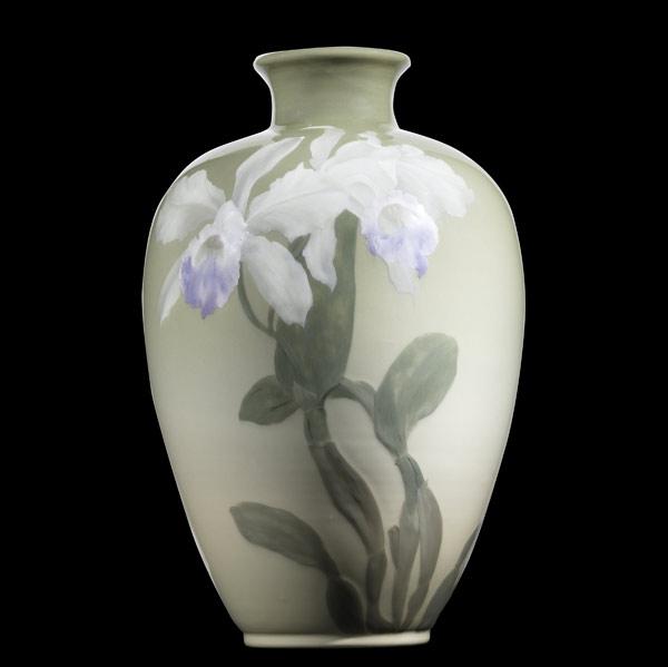 Appraisal: ALBERT VALENTIENROOKWOODExceptional Iris glaze vase with orchids UncrazedLiterature Herbert Peck