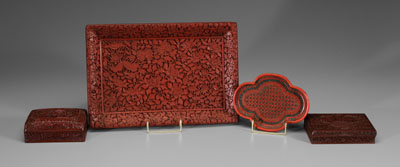 Appraisal: Four pieces Chinese carved lacquer cinnabar and black quatrefoil tray