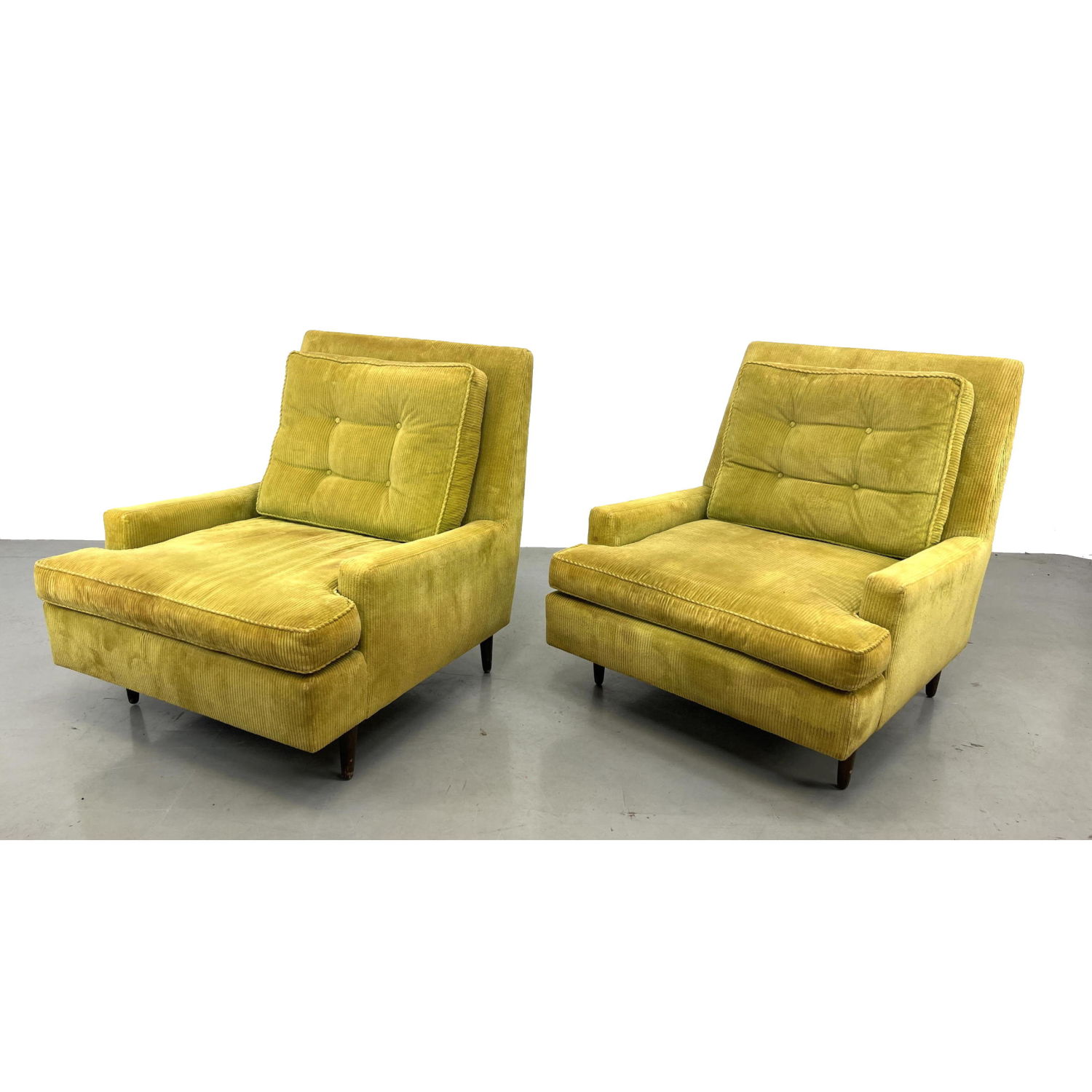 Appraisal: Pair Mid Century Modern Lounge Chairs Yellow Corduroy Style upholstery