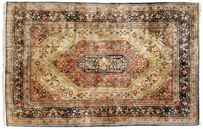 Appraisal: Silk Kashan rug serrated hexagonal central medallion with conforming borders