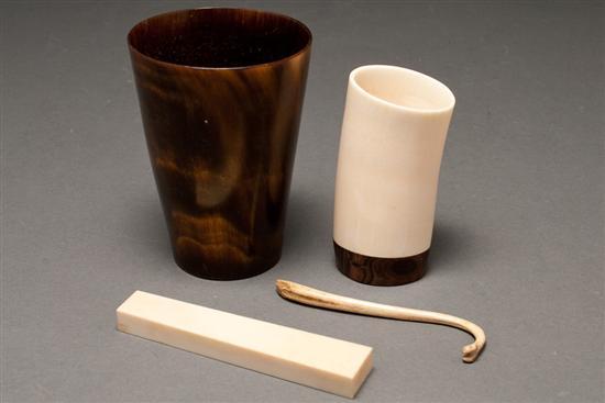 Appraisal: Continental carved horn tumbler ivory vase with wood base ivory