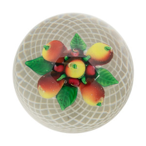 Appraisal: A Fruit Over Latticino Basket Glass Paperweight Attributed to New