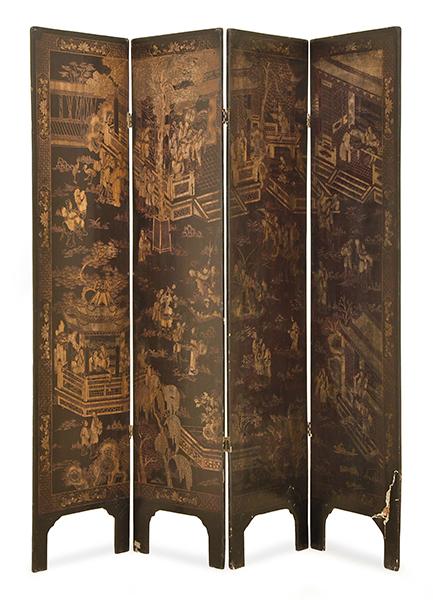 Appraisal: A CHINESE EXPORT BLACK LACQUERED FOUR FOLD SCREEN one leg