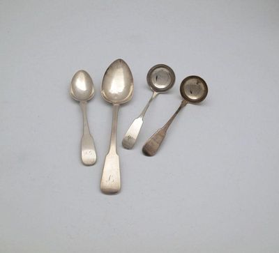 Appraisal: Three various Fiddle pattern Dundee-made spoons a toddy ladle a