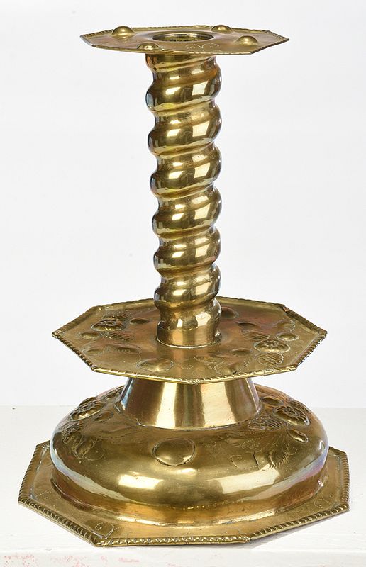 Appraisal: Large Brass Repouss Candlestick Continental possibly Swedish or Dutch possibly