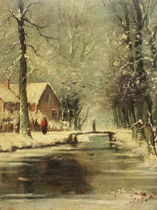 Appraisal: EUROPEAN WINTER VILLAGE STREAM SCENE SIGNED APOL OIL Board ''