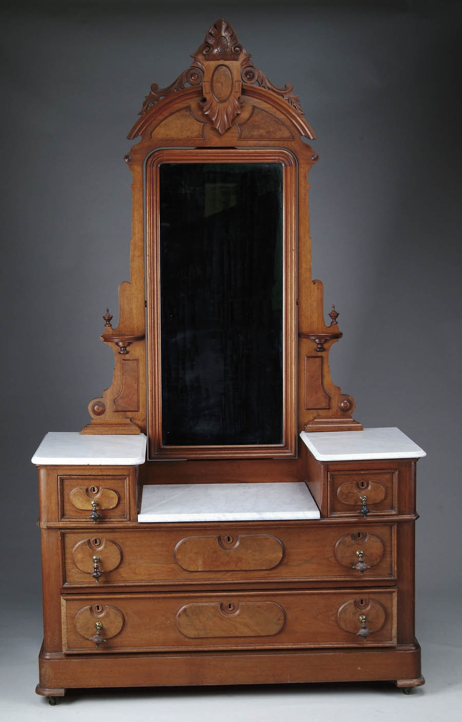 Appraisal: WALNUT VICTORIAN MARBLE TOP DROP CENTER CHEST WITH MIRROR Top